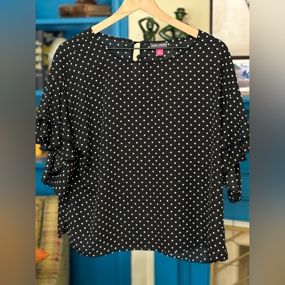 Vince Camuto Black Polka Dot Ruffle Sleeve Blouse